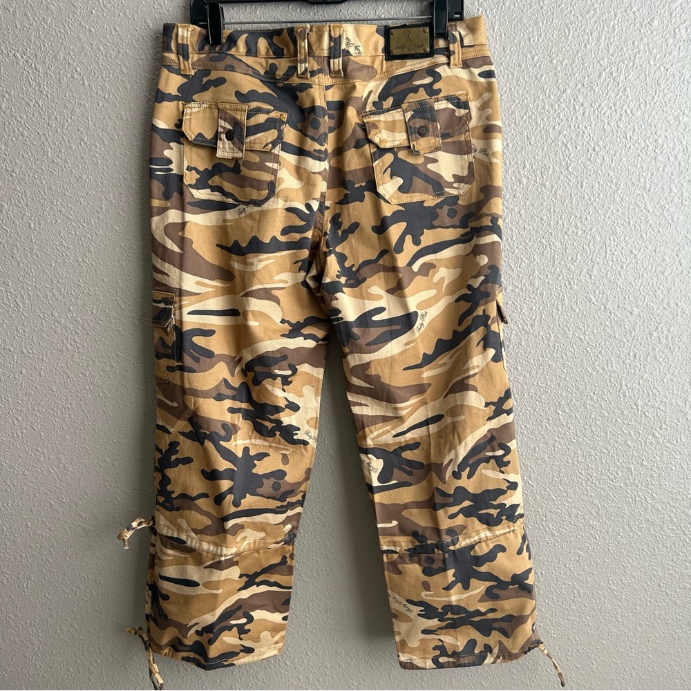 Baby Phat Y2K Brown Tan Camo Cargo Wide Leg Embellished Rhinestone Pants - Picture 4 of 14
